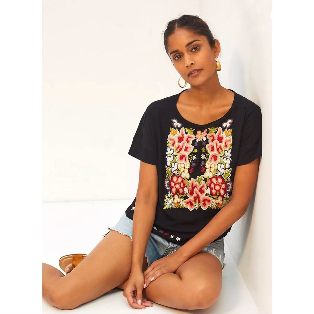 Anthropologie Tiny Embroidered Black Cotton Floral Top (S) MSRP $120